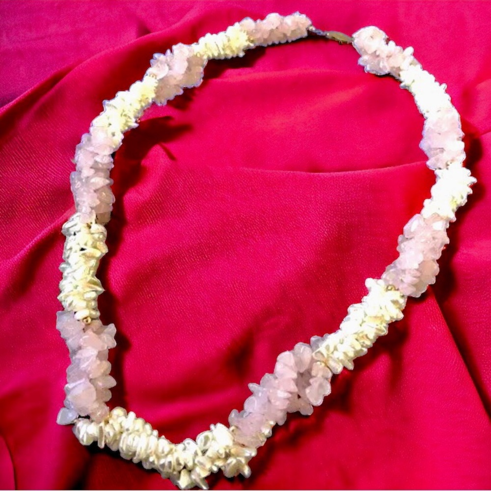 Vintage Necklace Freshwater Pearl + Rose Quartz Triple Multi-Strand Twis… - Picture 4 of 15